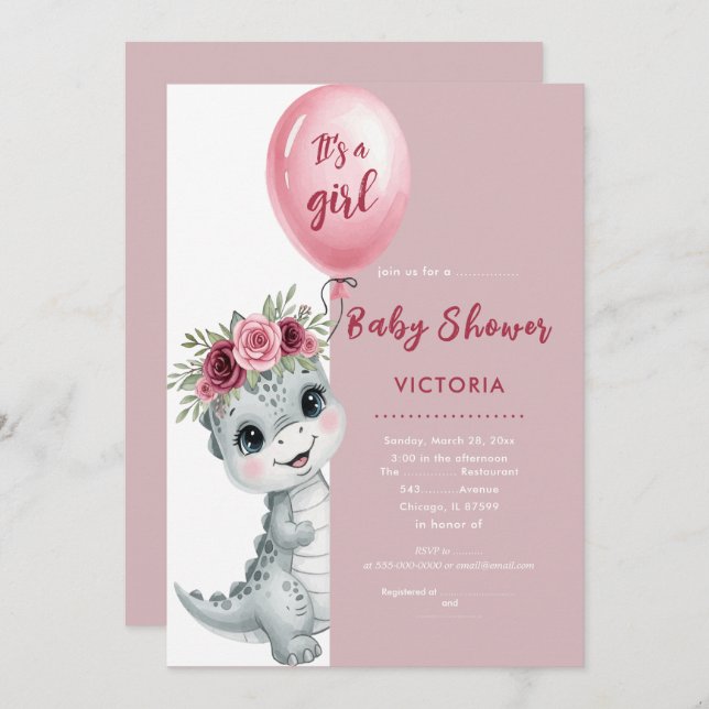 Cute Baby Dino Flat Invitation (Front/Back)