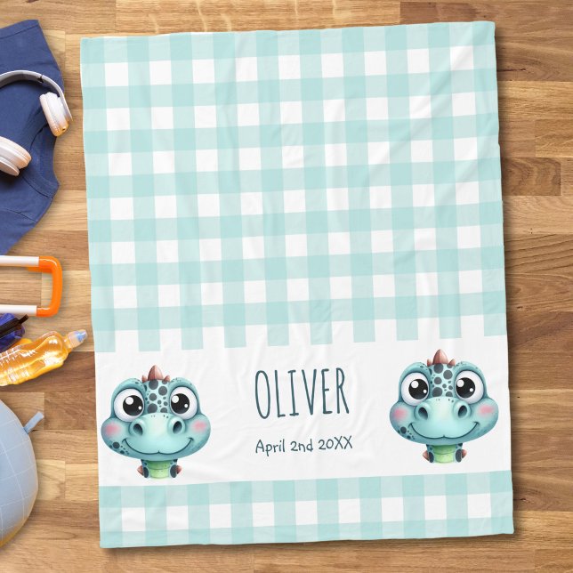 Cute Baby Dino Gingham Name Birth Date Fleece Blanket (Creator Uploaded)