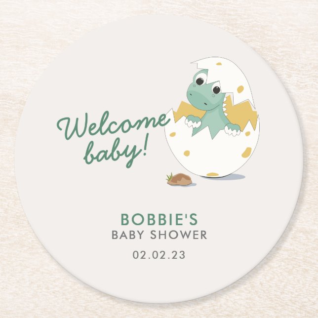 Cute Baby Dino in Egg Baby Shower Welcome Party Round Paper Coaster (Front)