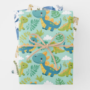 Cute baby dinos, boho style seamless wrapping paper sheets