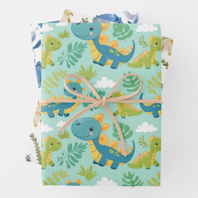 Cute baby dinos, boho style seamless wrapping paper sheets (In situ)