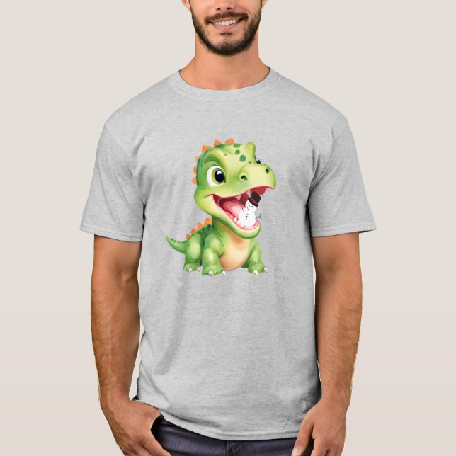 Cute baby Dinosaur eat snowman Christmas party gif T-Shirt (Front)