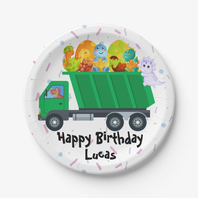 Cute baby dinosaur egg garbage truck Birthday Part Paper Plates (Front)