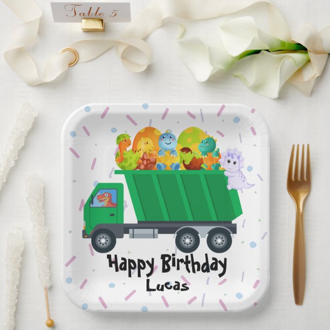 Cute baby dinosaur egg garbage truck Birthday Part Paper Plates (Wedding)