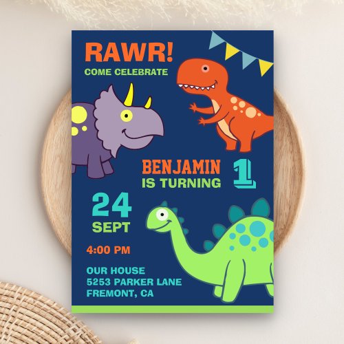 Cute Baby Dinosaur First Birthday Party Invitation