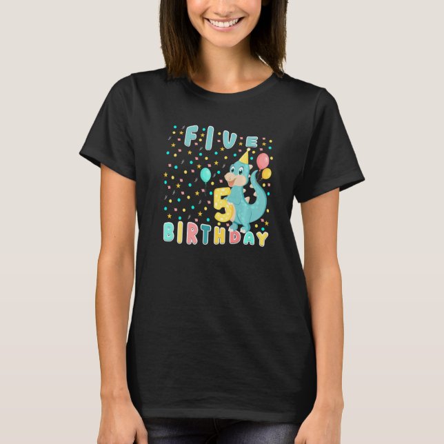 Cute Baby Dinosaur Five Years Happy Birthday 5th B T-Shirt (Front)