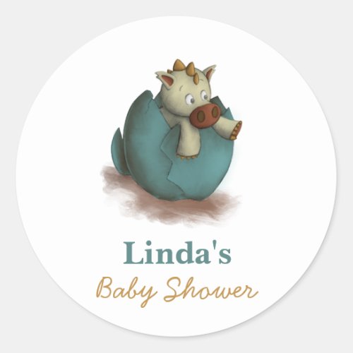 Cute Baby Dinosaur Hatching Neutral Baby Shower Classic Round Sticker