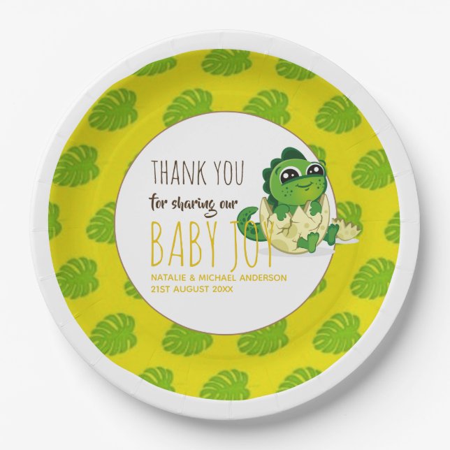 Cute Baby Dinosaur Hatching Shower Party Jurassic Paper Plates (Front)