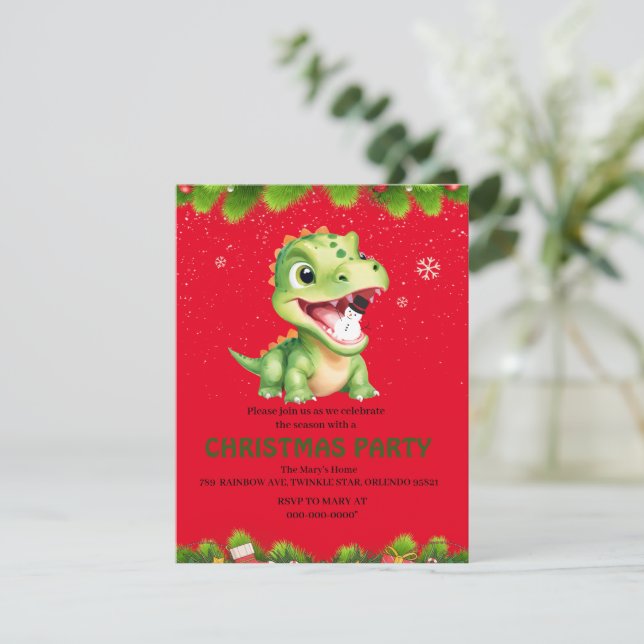 Cute baby Dinosaur holding snowman Christmas party Holiday Card (Standing Front)