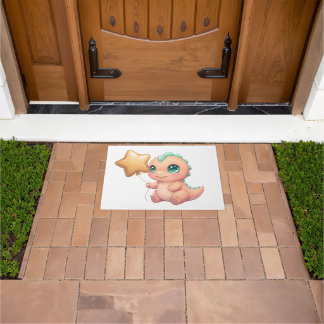 Cute Baby Dinosaur Holding Star Balloon Doormat
