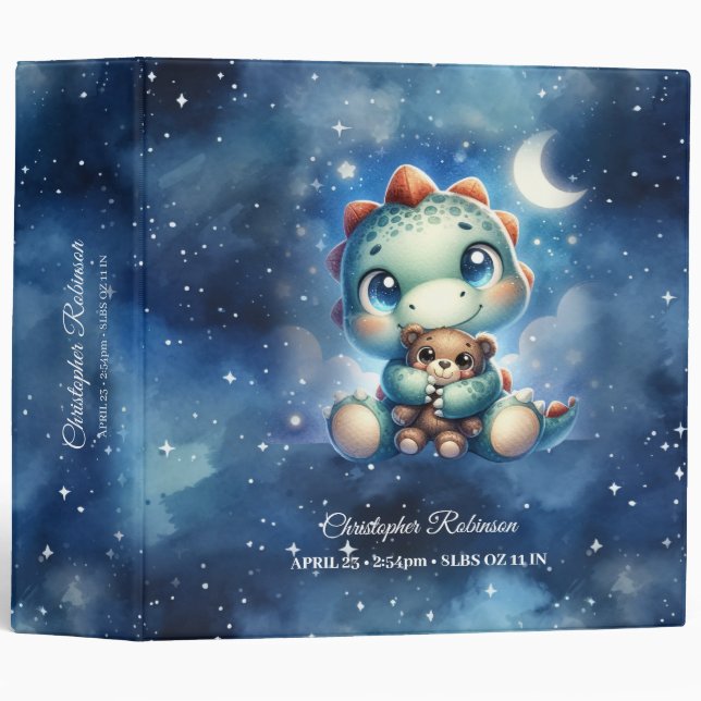 Cute baby dinosaur hugging teddy bear starry night 3 ring binder (Front/Spine)