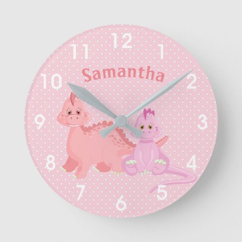 Cute Baby Dinosaur Kids Room Nursery pink Round Clock