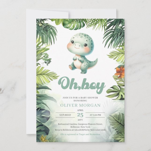 Cute baby dinosaur Oh boy tropical greenery Invitation (Front)