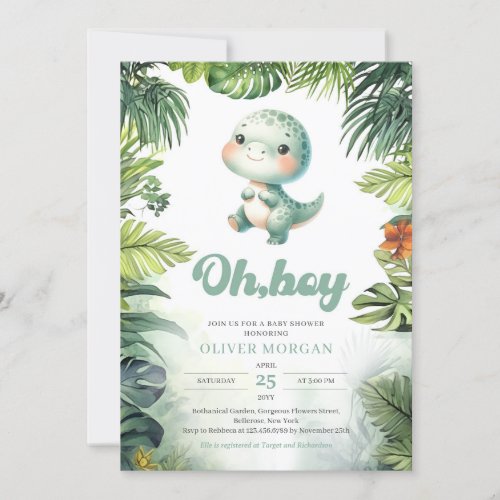 Cute baby dinosaur Oh boy tropical greenery Invitation