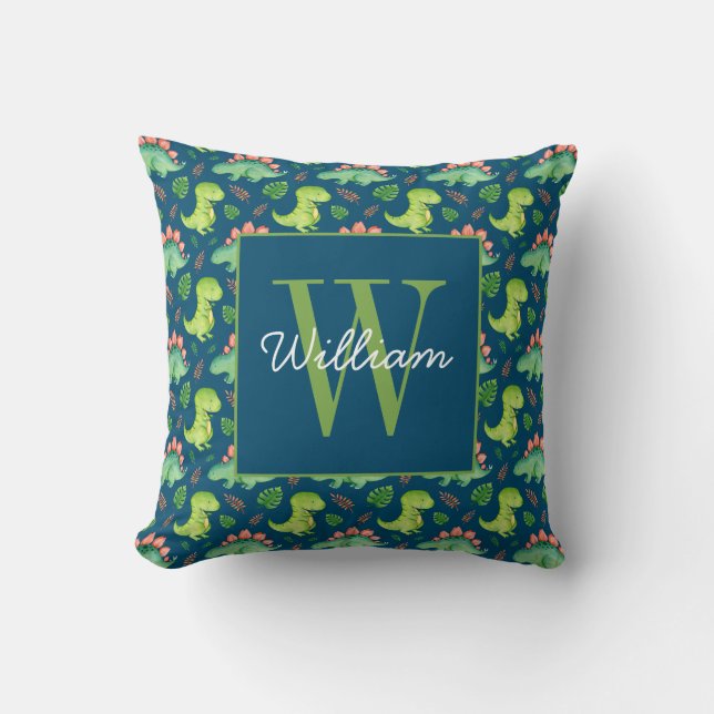Cute Baby Dinosaur Pattern Monogram & Name Custom Throw Pillow (Front)