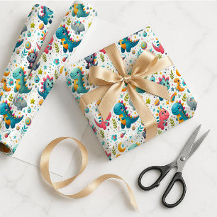 Cute Baby Dinosaur Teal Dino Gift Wrapping Paper