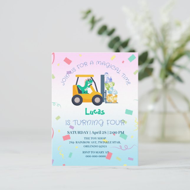 Cute baby dinosaur tractor Truck Birthday kid Name Postcard (Standing Front)