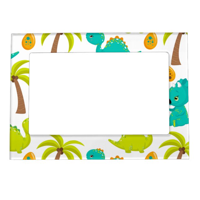 Cute Baby Dinosaur Triceratops Dino Eggs Palm Tree Magnetic Frame (Front)