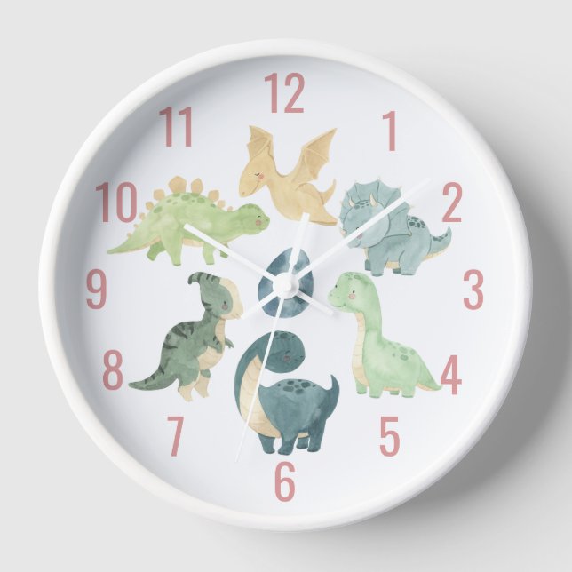 Cute Baby Dinosaur Watercolor Pink Clock (Front)