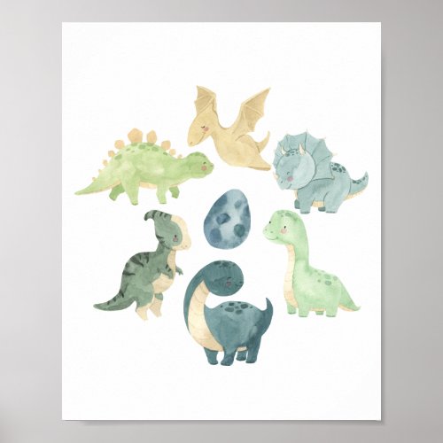 Cute Baby Dinosaur Watercolor Poster