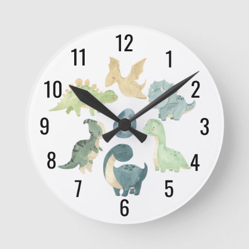 Cute Baby Dinosaur Watercolor Round Clock