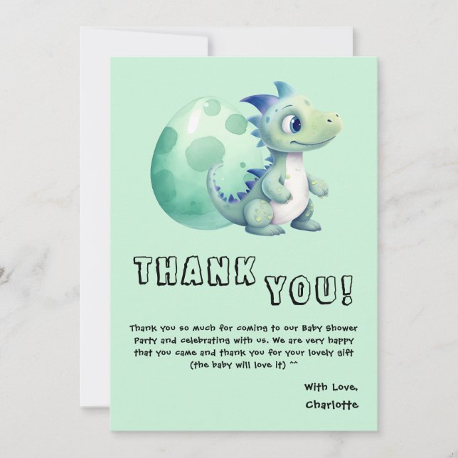 Cute Baby Dinosaur with Its Egg Baby Shower Thank You Card (Front)