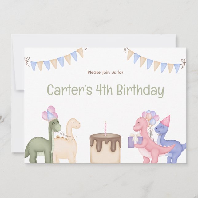 Cute Baby Dinosaurs And Cake Child Birthday Invitation (Front)