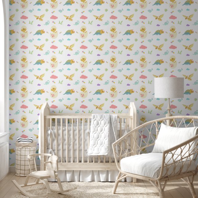 Cute Baby Dinosaurs Hatchlings Pink Clouds Nursery Wallpaper (Kids)
