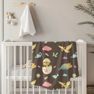 Cute Baby Dinosaurs Pink Clouds & Brown Nursery Blanket