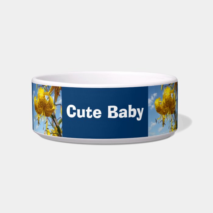 Cute Baby Dog bowl custom Yellow Lily Flowers Blue