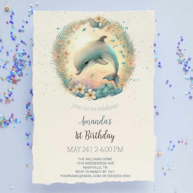 Cute Baby Dolphin Birthday party Invitation (Creator Uploaded)