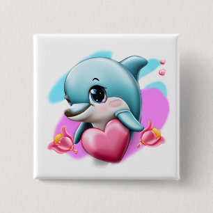 Cute Baby Dolphin with Valentine's Heart Button