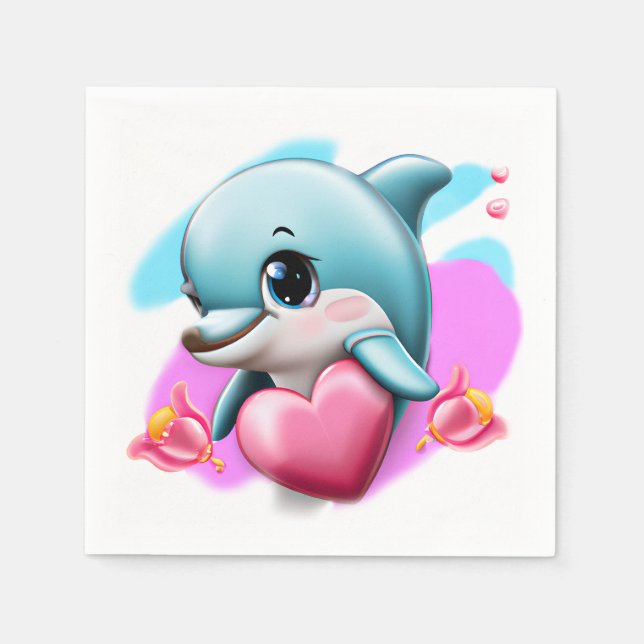 Cute Baby Dolphin with Valentine's Heart  Napkins (Front)