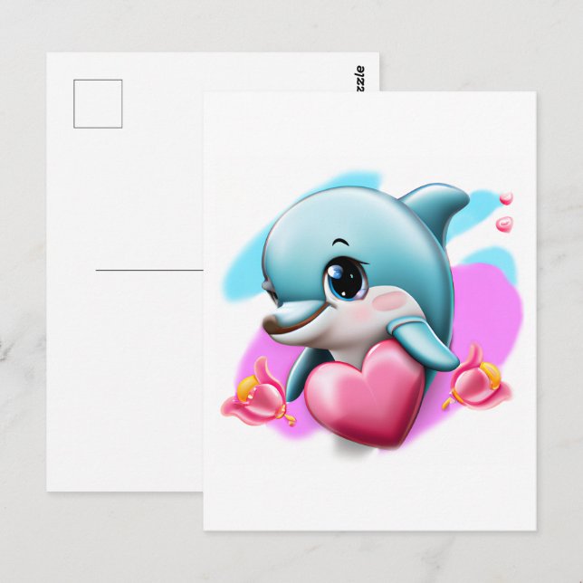 Cute Baby Dolphin with Valentine's Heart  Postcard (Front/Back)
