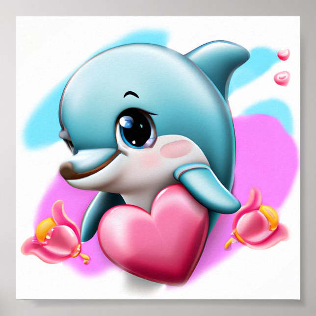Cute Baby Dolphin with Valentine's Heart  Poster (Front)