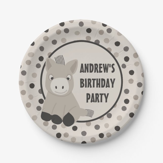 Cute Baby Donkey Birthday Party Paper Plates (Front)