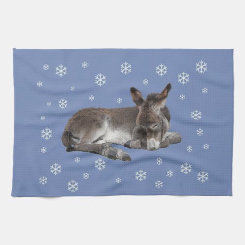 Cute Baby Donkey Sleeping with Snowflakes Kitchen Towel
