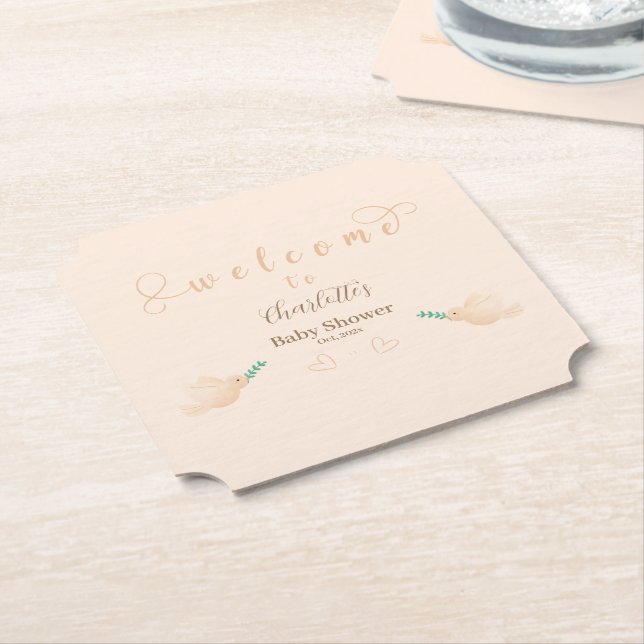 Cute Baby Dove Baby Shower Paper Coaster (Angled)