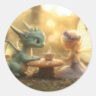 Cute Baby Dragon and Fairy Enjoying Tea  Classic Round Sticker