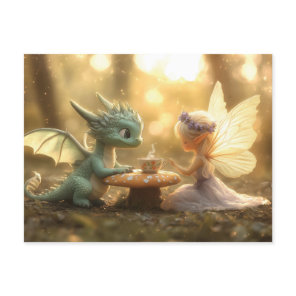 Cute Baby Dragon and Fairy Enjoying Tea  Holiday Postcard