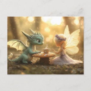 Cute Baby Dragon and Fairy Enjoying Tea Postcard