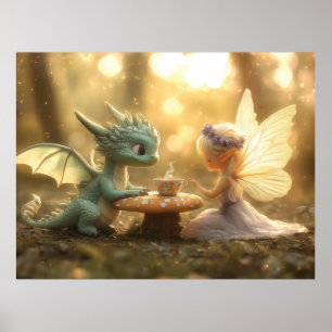 Cute Baby Dragon and Fairy Enjoying Tea Poster