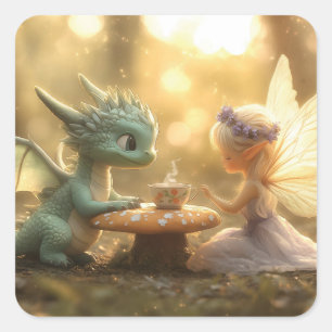 Cute Baby Dragon and Fairy Enjoying Tea Square Sticker