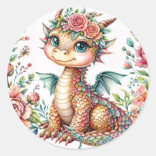 Cute Baby Dragon Blossoms – Floral Watercolor Classic Round Sticker