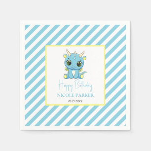 Cute Baby Dragon Blue Stripes Birthday Napkins