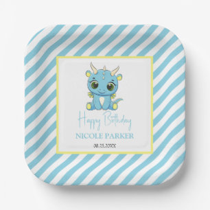 Cute Baby Dragon Blue Stripes Birthday Paper Plates