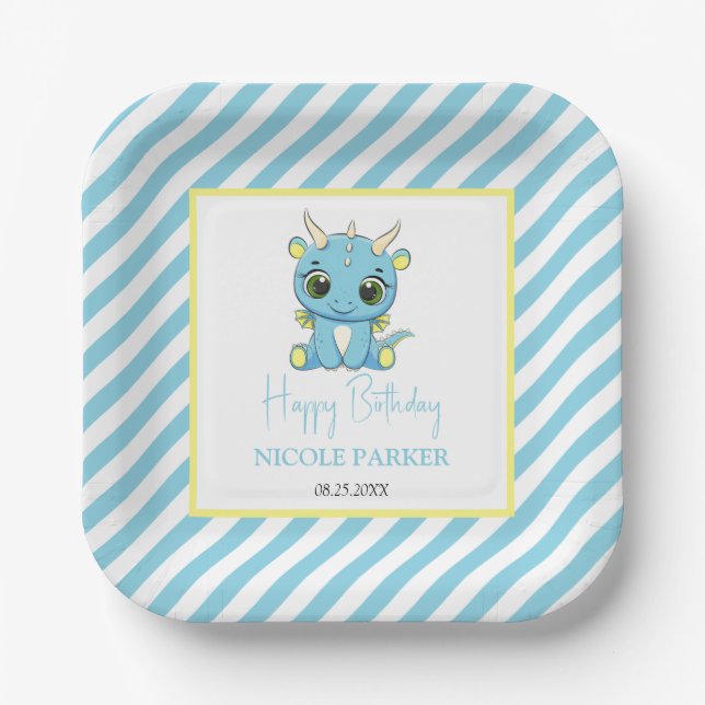Cute Baby Dragon Blue Stripes Birthday Paper Plates (Front)