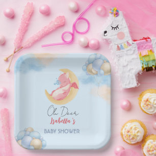 Cute baby dragon dinosaur Balloon baby shower Paper Plates