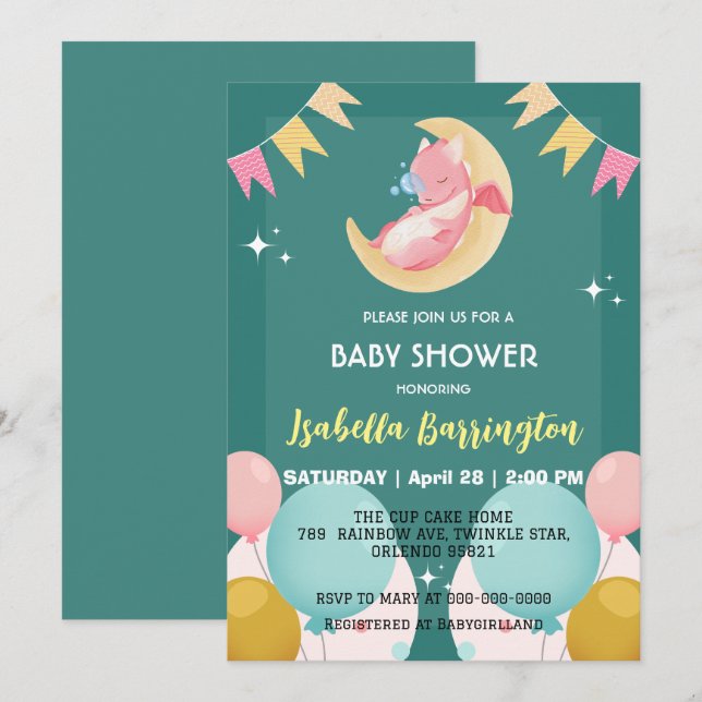 Cute baby dragon dinosaur balloon girl baby shower invitation (Front/Back)