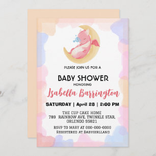 Cute baby dragon dinosaur balloon girl baby shower invitation